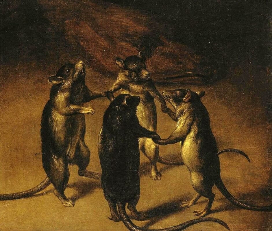 لوحة بعنوان "رقصة الجرذان" للرسام "فرديناند فان كيسيل" (1690) متحف شتيدل للفنون، فرانكفورت