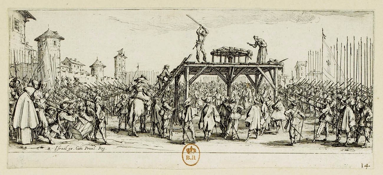 نقش للفنان "جاك كالوت" يظهر شخصا تكسر عظامه بواسطة عجلة الكسر( 1592-1635) مكتبة فرنسا الوطنية