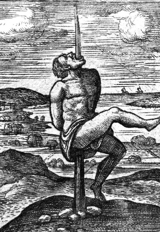 نقش للفيلسوف "جوستوس ليبسيوس" يظهر فيه رجل وهو يعذب باستعمال الخازوق (1593)