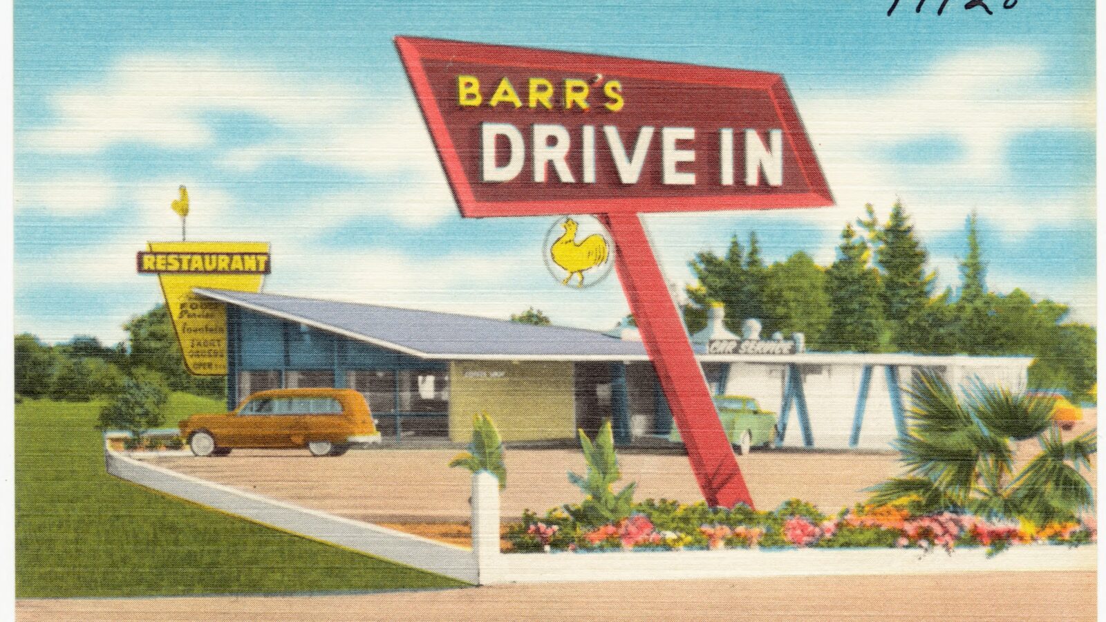 بطاقة بريدية تاريخية لمطعم Drive-in في كاليفورنيا خلال عصر انتشار السيارة