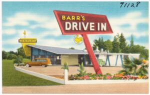 بطاقة بريدية تاريخية لمطعم Drive-in في كاليفورنيا خلال عصر انتشار السيارة